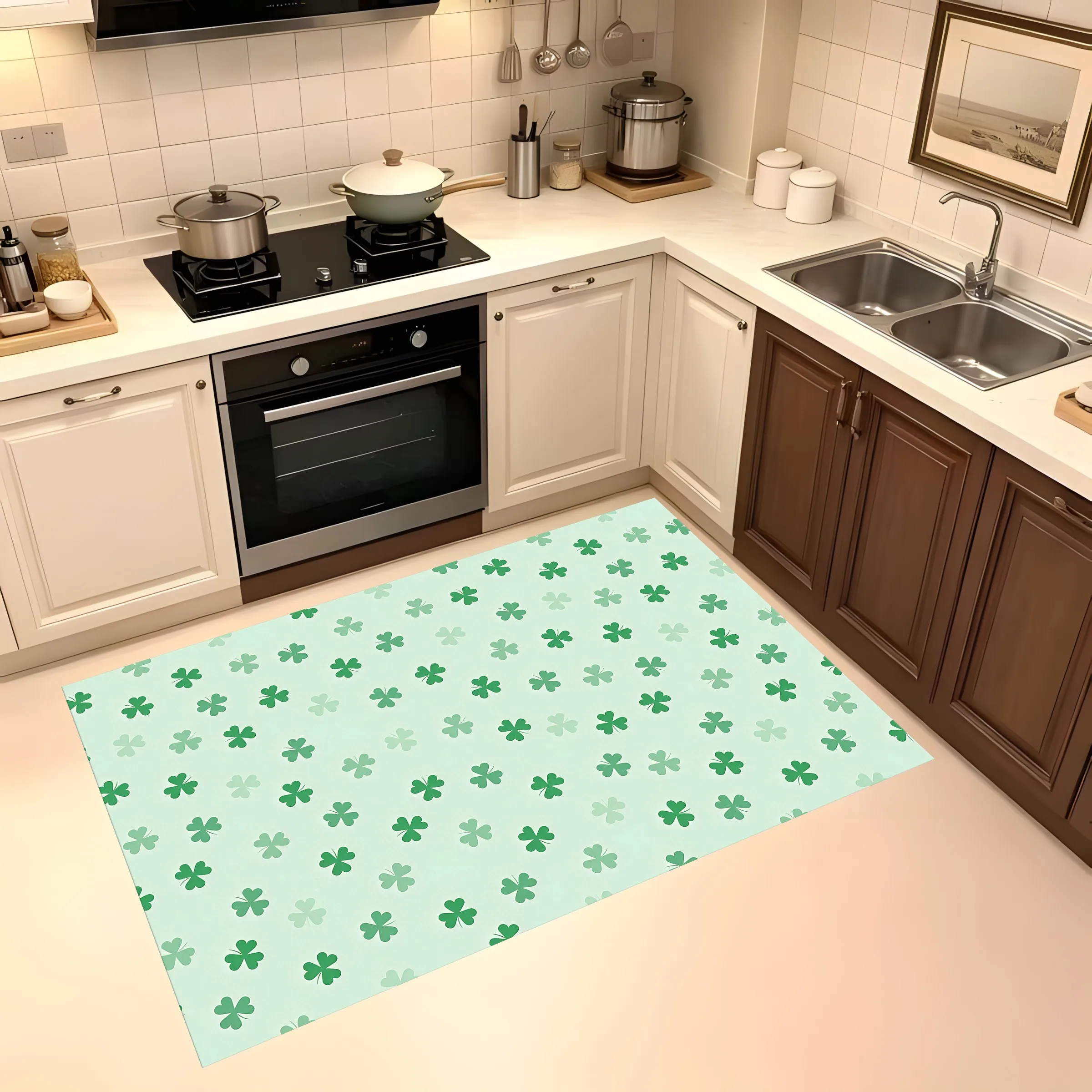 Light Background Four-Leaf Clover Print Rug Soft Velvet Living Room Bedroom Home Decor