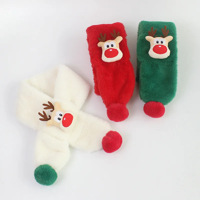 Winter Warm Plush Baby Scarf Cute Caroon Elk Boy Girl Scarves Christmas Scarf Faux Fur Children Cross Neckerchief Baby Gifts