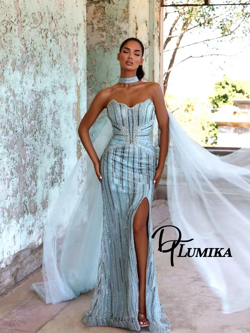 

Вечернее платье русалки с украшением кристаллами, сексуальное вечернее платье со съемной тюлевой накидкой и высоким разрезом, торжественное платье с колье на шее для женской гала-класса