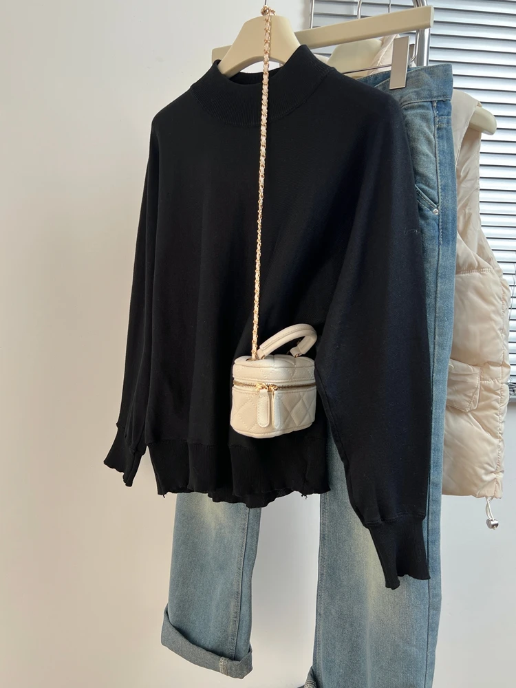 

Вязаный свитер Ele для женщин: свободный крой, базовый слой, высокий воротник, весенняя мода, большие размеры, стройнящий эффект, топ-рубашка