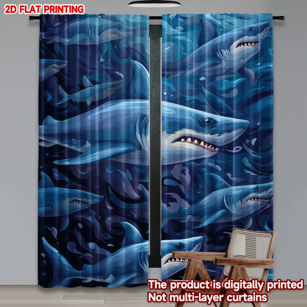 2D flat printing 2pcs Window Drapes Fierce Ocean Sharks Digital Printed Polyester Drapes Birthday Party Perfect for Festive for