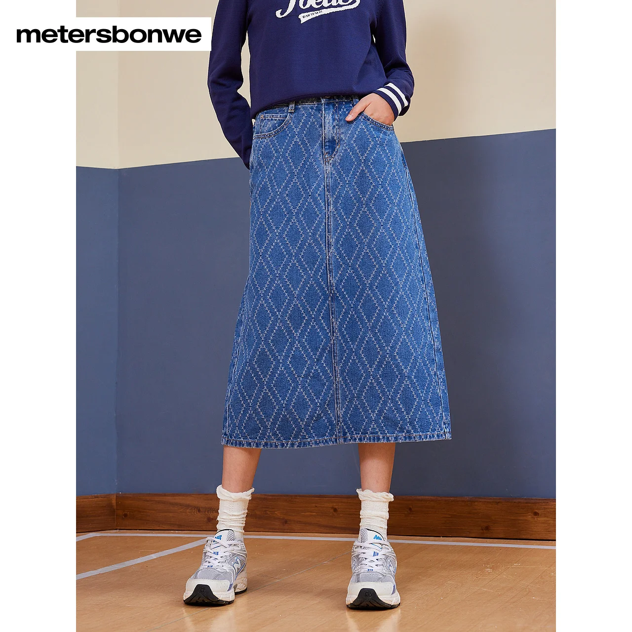 Metersbonwe Women's Denim Skirt Mid-Calf Sraight Regular H-Line Sweet Vitality Girl Style Winter Dress Brand