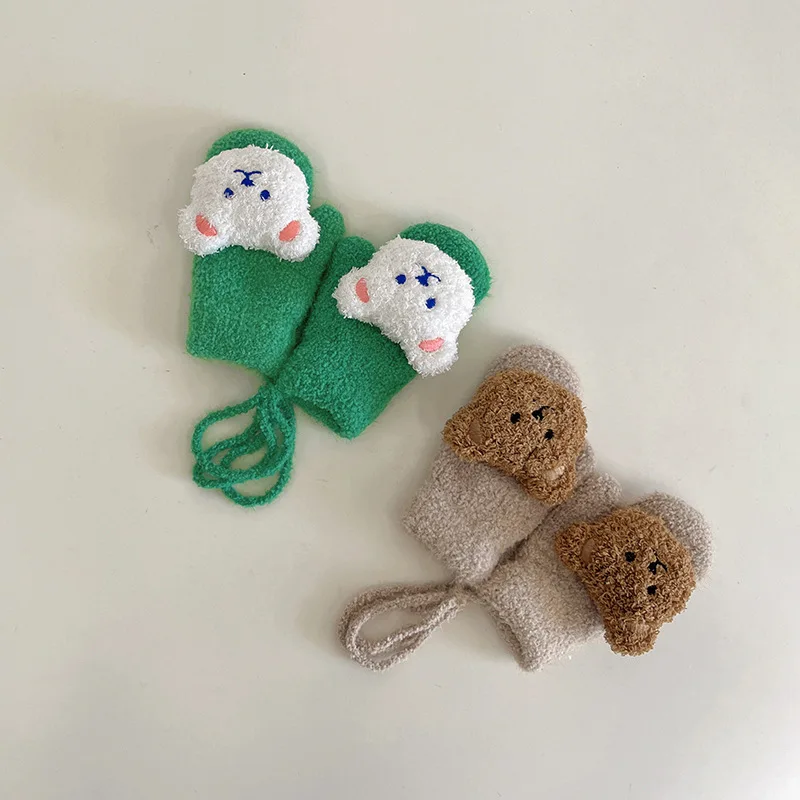 Urso infantil de desenho animado malha luvas de bebê menina, luvas de dentição grossa para criança, roupa de inverno quente, crianças 1-4 anos