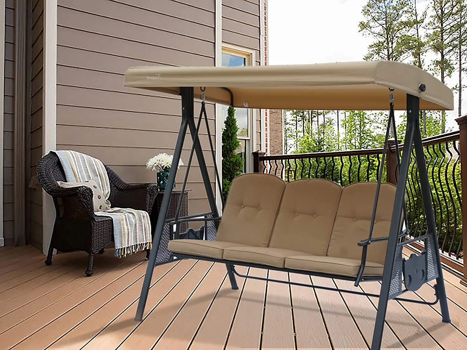 Deluxe 3-Seater Patio Swing Chair Adjustable Canopy Heavy Duty Metal Seat Back Cushion for Outdoor