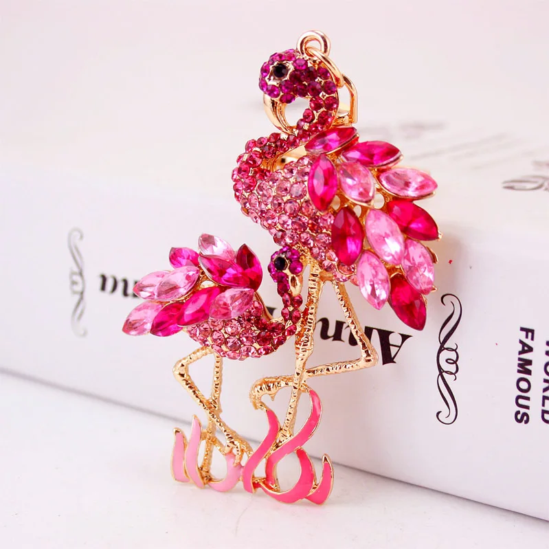 Delicate Double Flamingo Bird Key Chains Rings Holder For Car Crystal Rhinestone Bag Pendant For Women Keyrings KeyChains K277