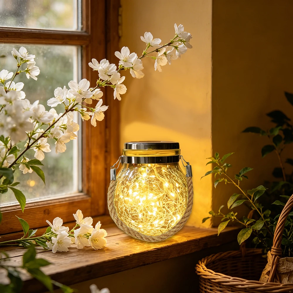Solar Cracked Glass Ball Hanging Lights, Outdoor Solar Lanterns with 3M 30 LED Mason Jar Fairy Light for Garden Yard Patio Lawn