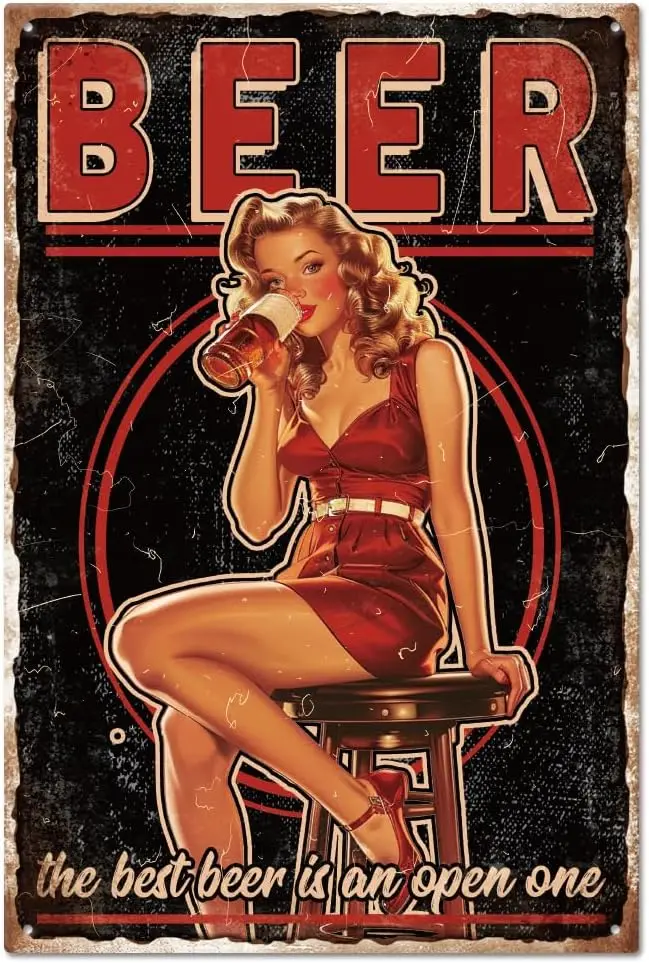 Vintage Pin Up Lady Metal Tin Sign 8×12inch Retro Beer Funny Room Door Cave Signs Art Plaque Poster Wall Decor for Hom