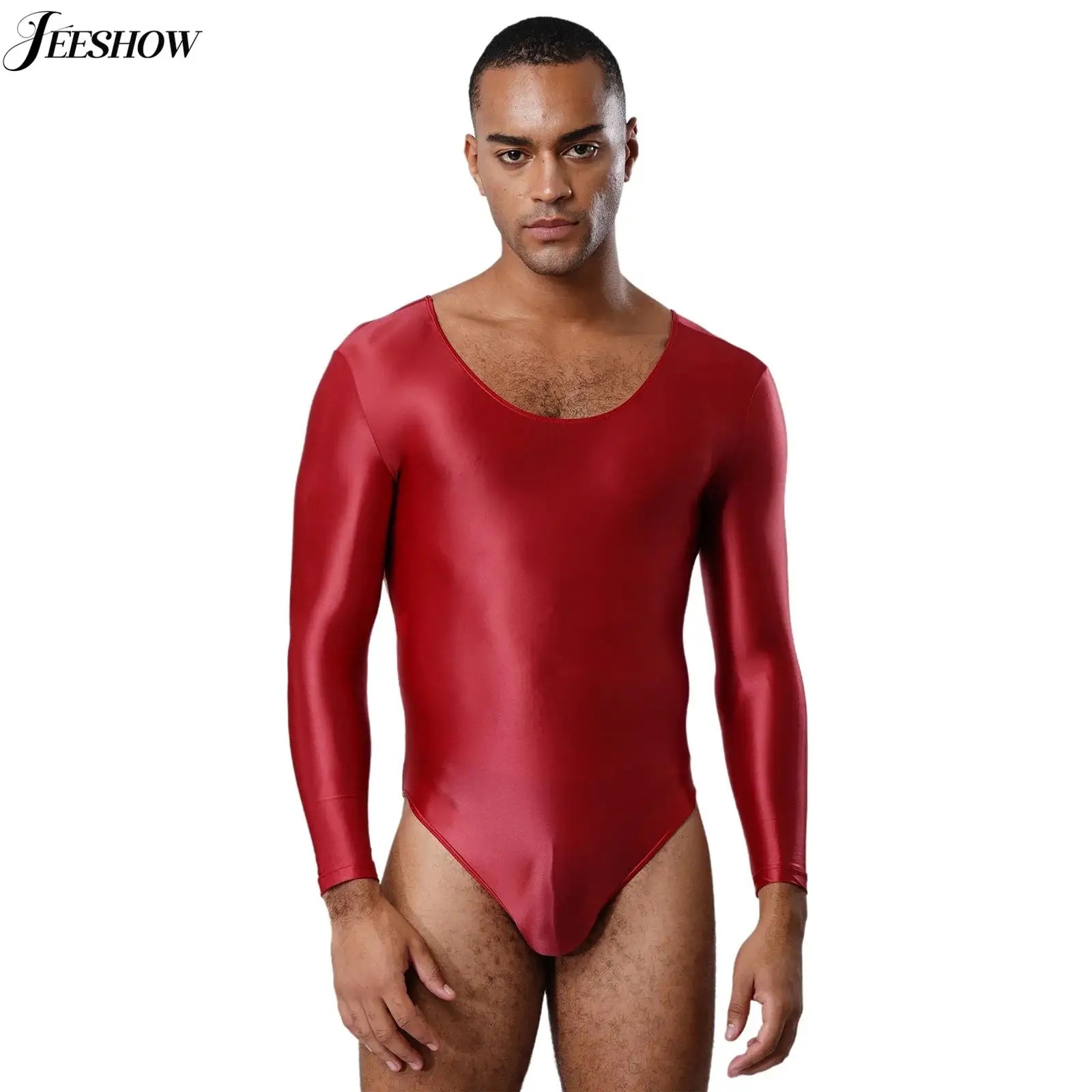 

Mens Oil Shiny Long Sleeve Bodysuit Solid Color Glossy Sheer Round Neck Long Sleeve High Cut Leotard Night Club Wear Jumpsuits