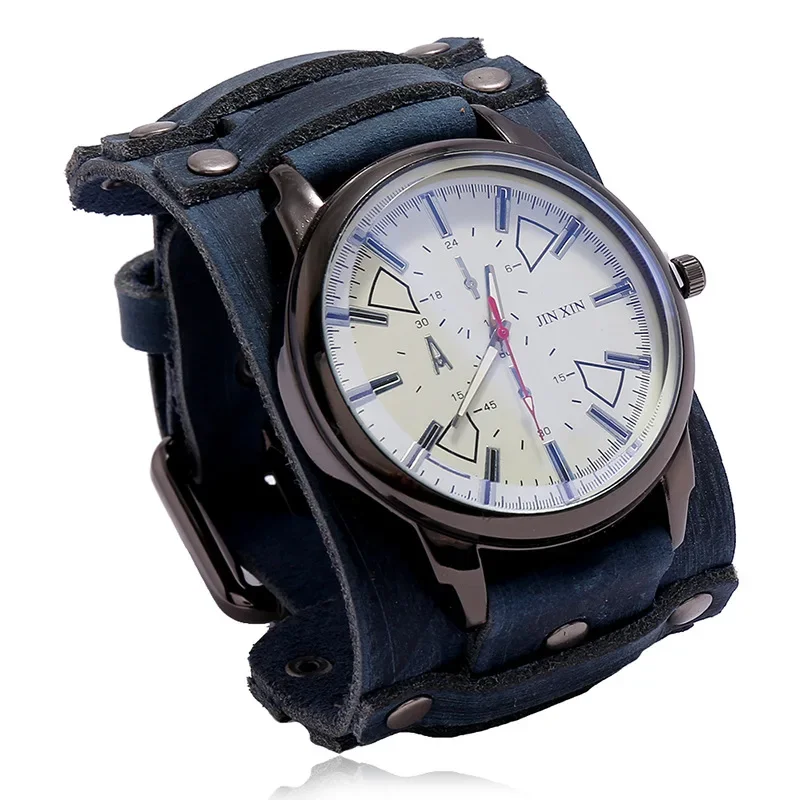 Jam tangan kulit sapi pria, arloji Quartz mewah 2023 gaya Punk untuk lebar gelang kulit asli