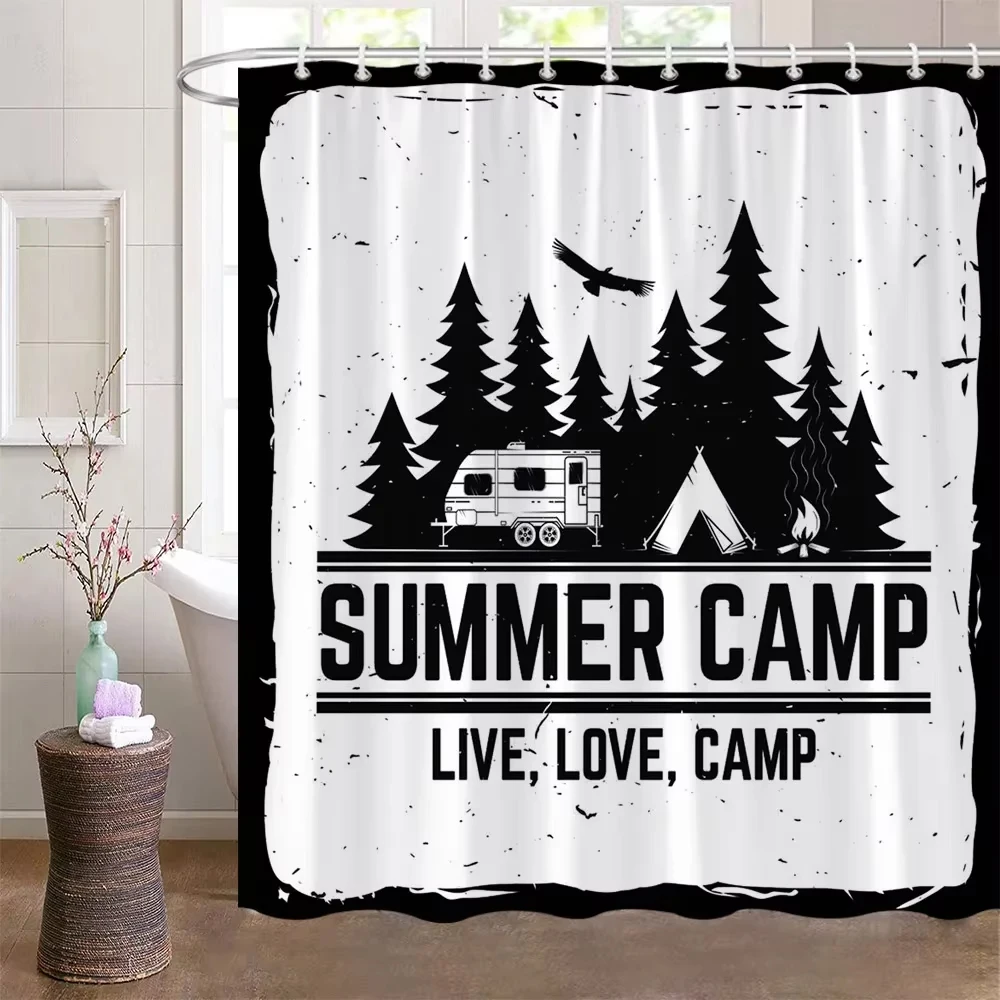 Shower Curtain for Camper Trailer Camping Bathroom Camping Trailer Bear Campfire Forest Landscape Farm Old Truck Bathroom Decor