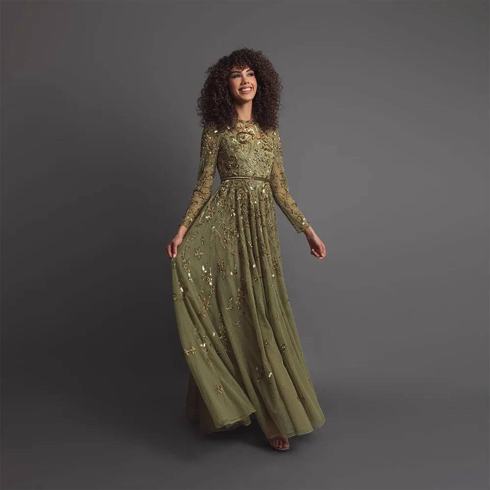 Fashion Floral Print Tulle A-line Floor Length Evening Dresses Customized O-neck Full Sleeves Back Zipper Prom Gown Party Dress image 4