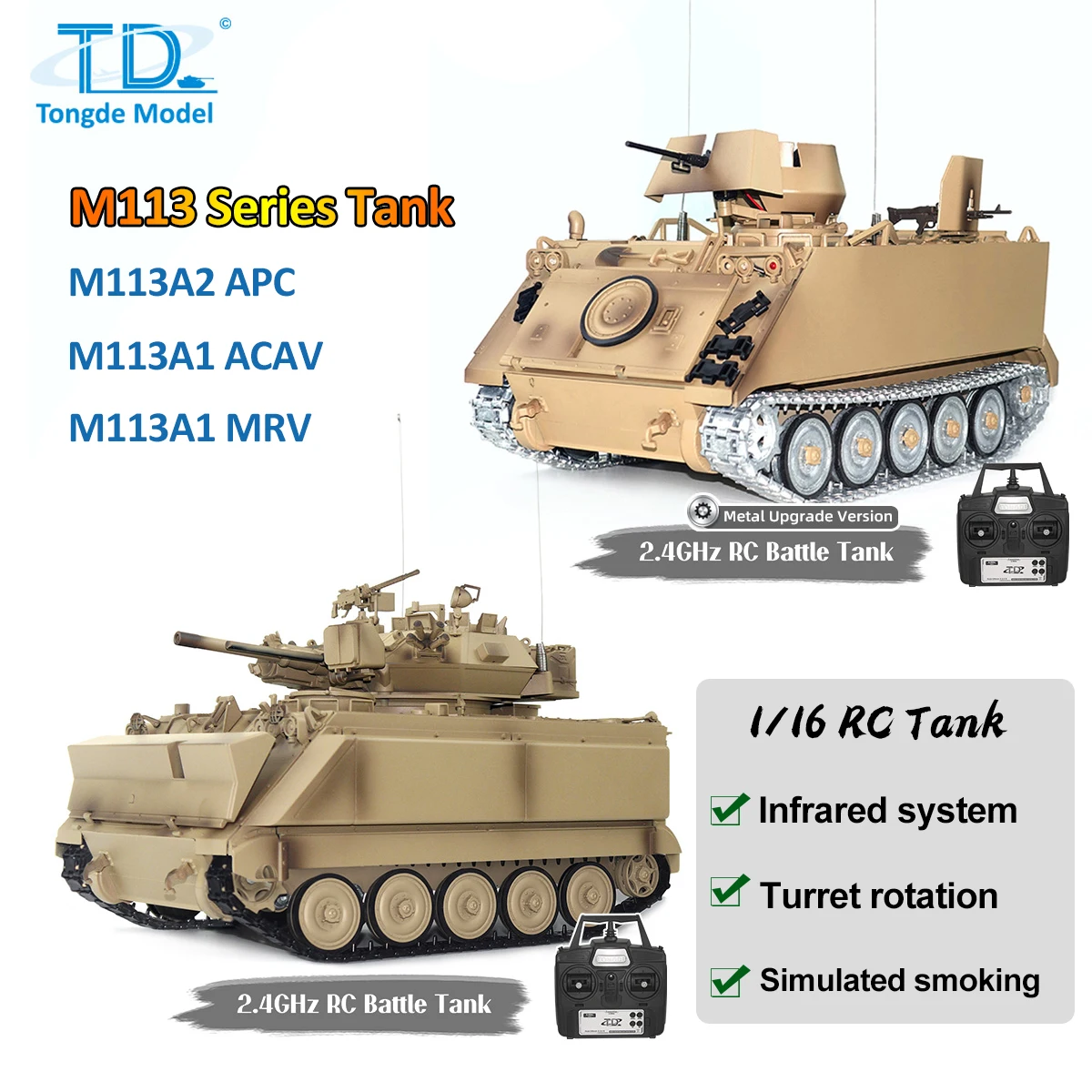 Tongde M113 Series Tank Models MRV/ ACAV/ APC 1/16 2.4Ghz Eletric Toy LED Light Sound Turret Rotation 320-360 Degree Infrared