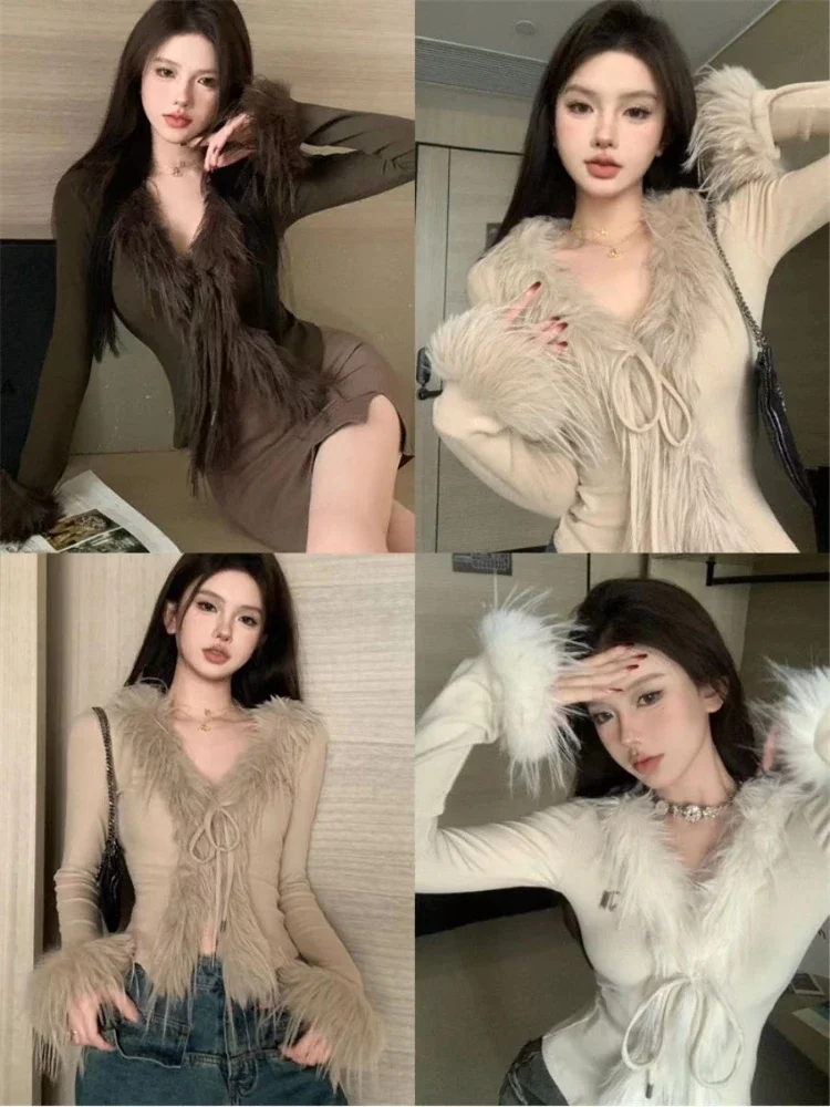 Elegant Sexy Slim Cropped Sweater Korean Fashion Solid Knitted Cardigan Women Y2K Vintage Luxury Lace Up Tops Old Money