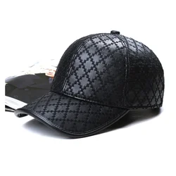 Unisex Genuine Leather Rhombus Check Embroidered Baseball Cap Women Retro Casual Peaked Hat men Fishing Trucker Gorras