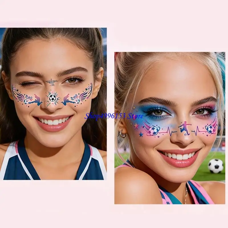 Q0KE Juego pegatinas temporales fútbol, ​​6 hojas pegatinas faciales para ver fiestas y animar día del juego, papel