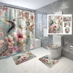 4pcs/set Multi-Style Floral Print Bathroom Set Including Shower Curtain, Toilet Seat Cover,Bathroom Accessories With Hooks