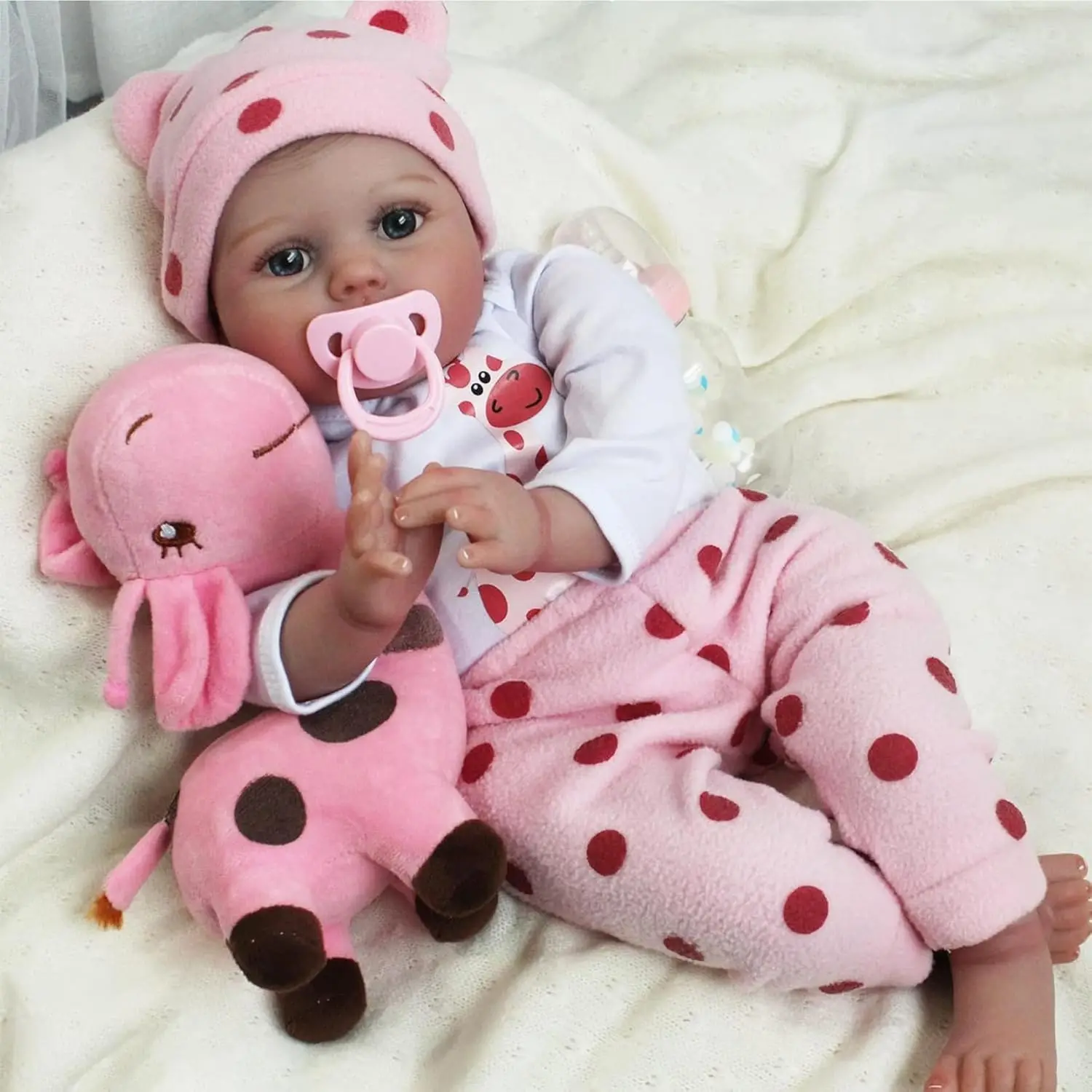 

55cm Realistic Baby Doll in Pink Giraffe Clothes - Soft Body Lifelike Reborn Girl Reborn Toddler Doll