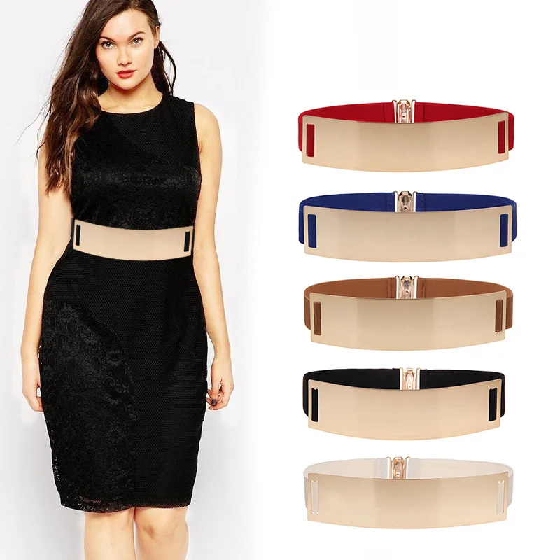 Vintage Wide Belt For Women Luxury Metal Sheet Belt Gold Silver Waistband Slim Elastic Waist Belt Mirror Decorative Dress Belt