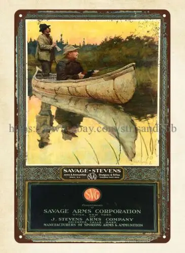 wall art 1929 SAVAGE STEVENS FIREARMS canoe hunter Philip Goodwin metal tin sign