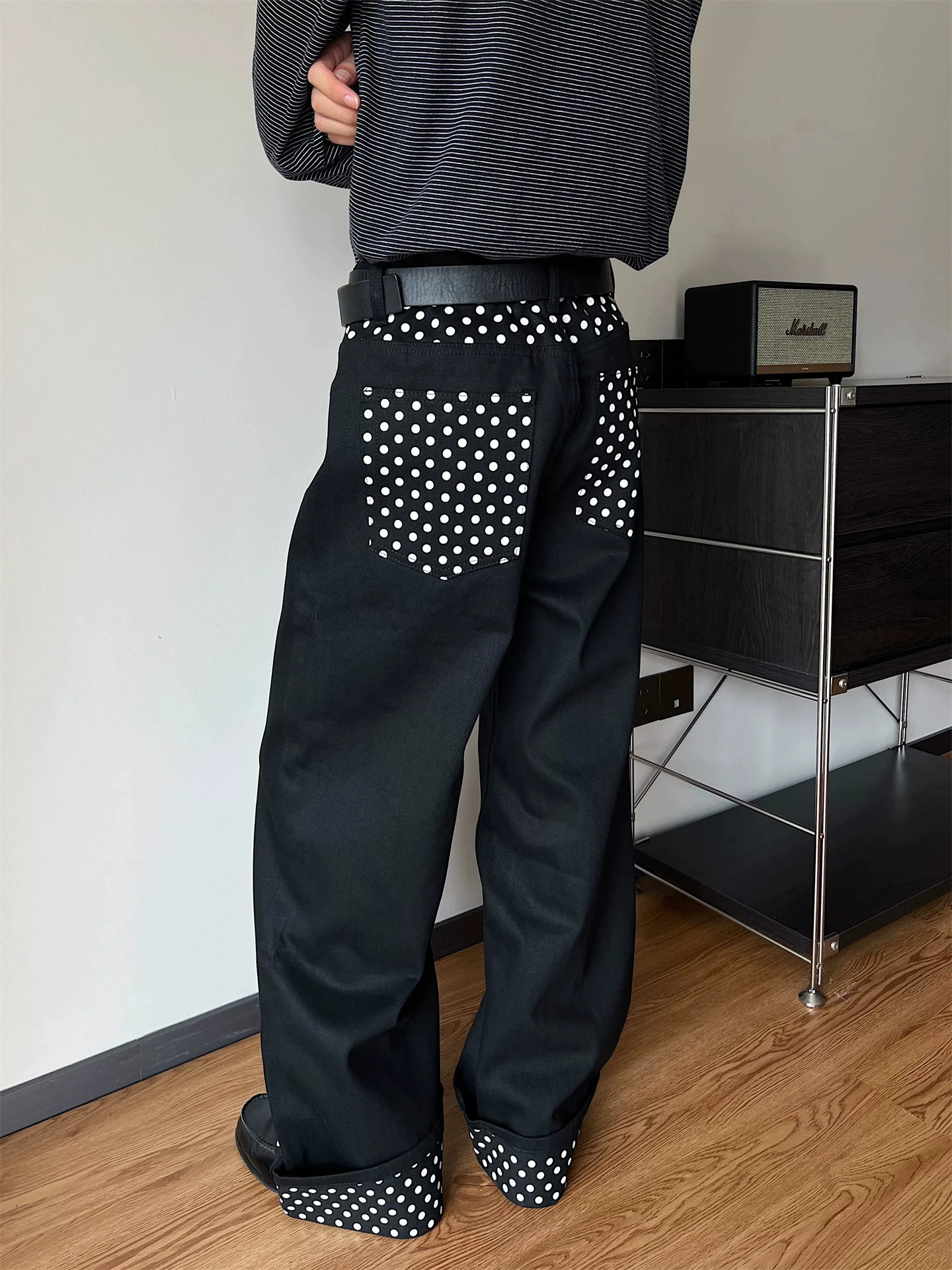Black Straight Leg Denim Jeans Men's Women's Vintage American Loose Slimming Cleanfit Long Pants Wave Dot Pattern Loose Fit