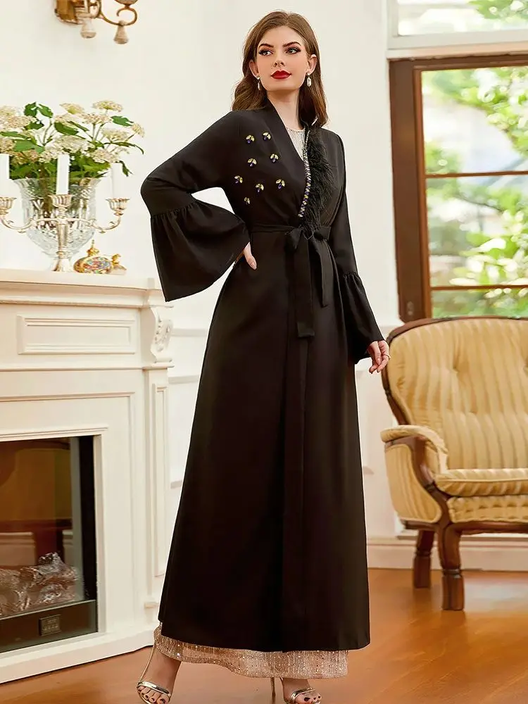 Ramadan Eid piume Kimono musulmano nero Abaya Dubai turchia Islam Abaya per le donne vestono Kebaya Robe Femme Musulmane caftano