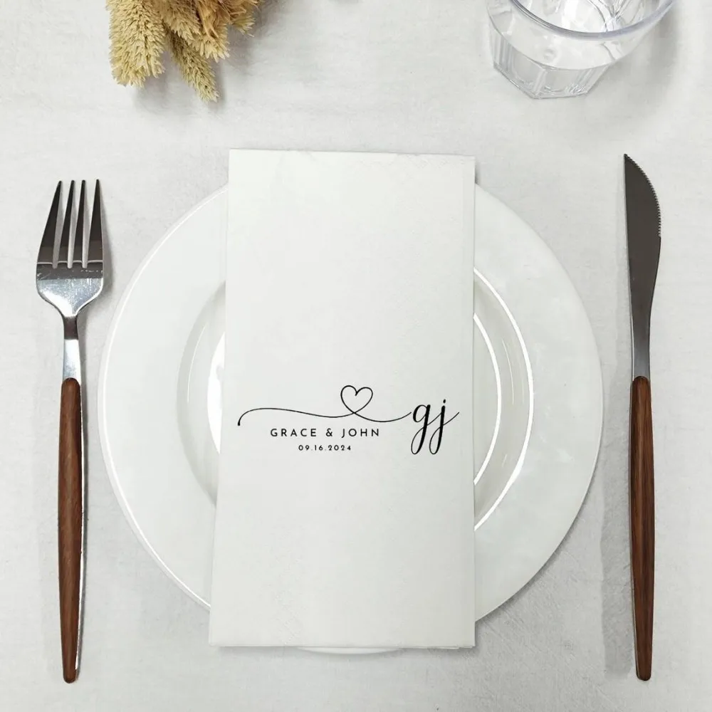 50 pcs Custom Wedding Cocktail Napkins, Heart Connected Names Napkins, Rehearsal Dinner Napkins, Minimalist Wedding Table Decor