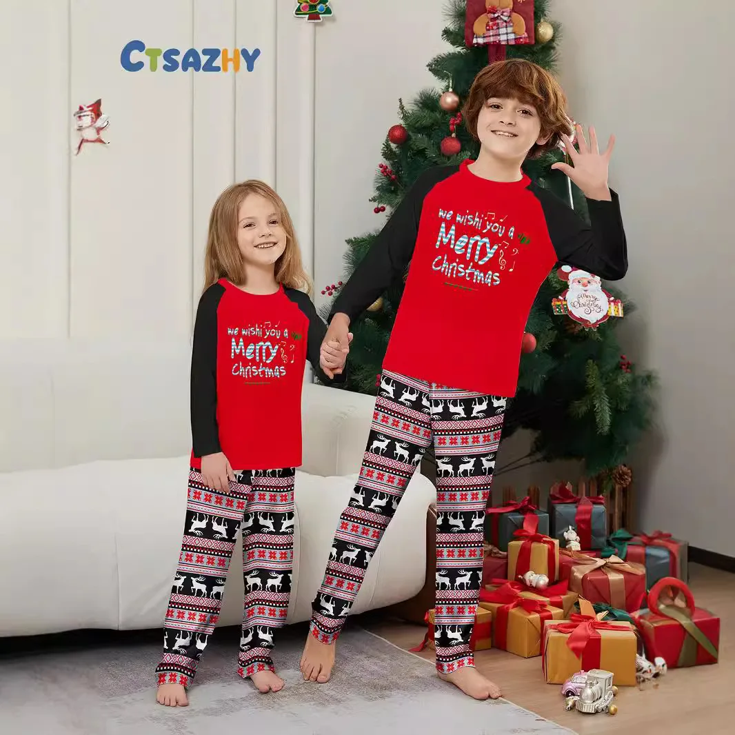 

New Year and 2025 Christmas printed family pajama set, adult/children long-sleeved top + long pants 2-piece set, baby jumpsuit