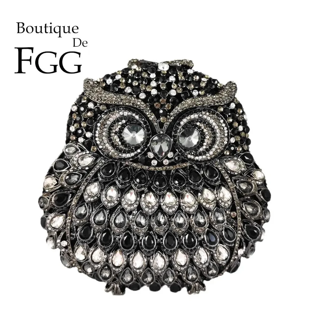 Boutique De FGG Bolso de mano con diseño de búho negro para mujer, bolsos de noche con cristales, bolso de mano con diamantes de imitación para fiesta, cena, cóctel, bolso de mano para mujer