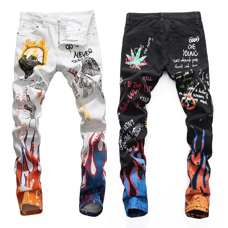 High Street Print Graffiti Jeans Men Loose Hip-hop Harajuku Skinny Sport Pants Casual Trend Straight Long Black Jean Pants Male