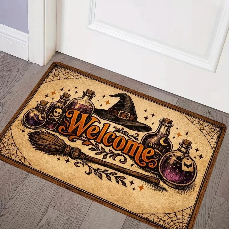 Vintage Witch Potion Bottle Broom Welcome Print Entry Doormat, Retro Halloween‑style Floor Mat Household Entrance Decor