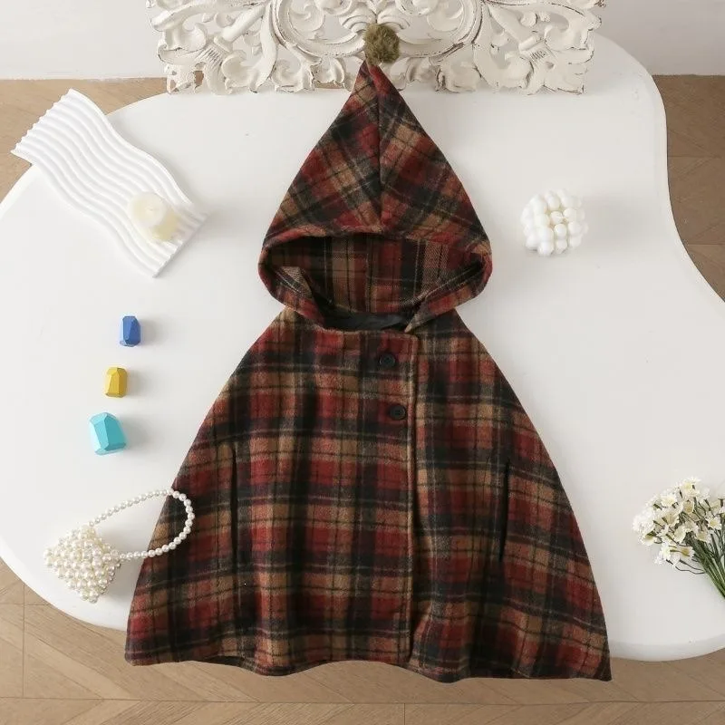 Girls Plaid Cape Children's Coat Cute Female Treasure Foreign Cape Warm Winter Woolen Coat Children's Clothing Baby