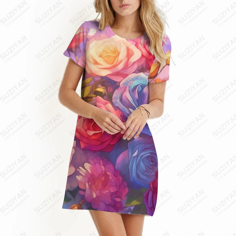 Summer new ladies dress rose 3D printed lady dress sweet style ladies dress fashion trend casual high -quality lady dress