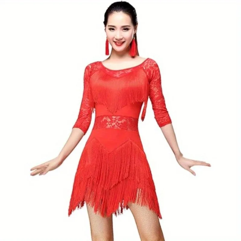 فستان رقص لاتيني، تصميم أنيق من الدانتيل والأداء للمنافسة والأداء، ملابس رقص قاعة الرقص النسائية مع نسيج مطاطي #5