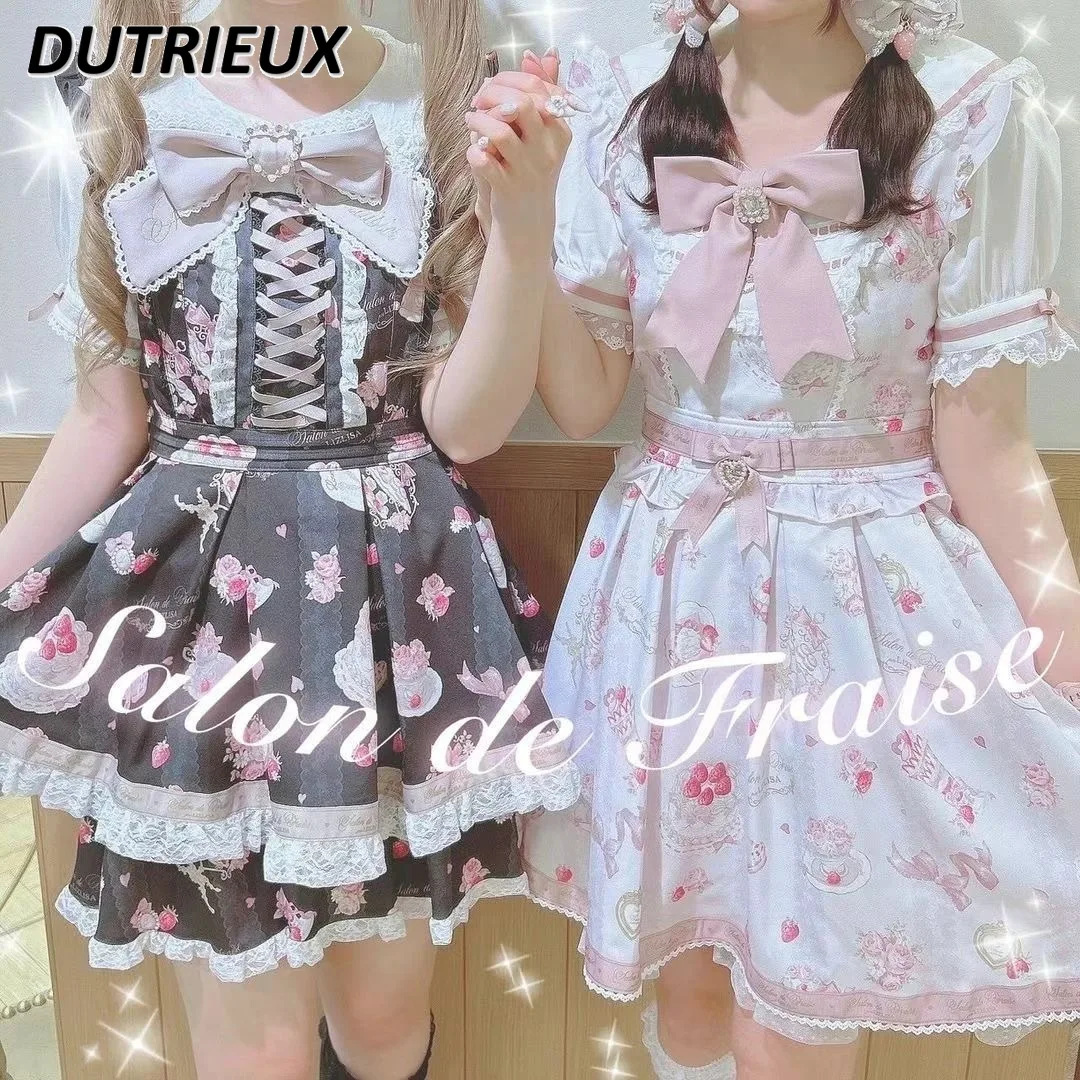 Japanese Lolita Dress Women 2024 New Summer Cute Sweet Girl Strawberry Printed Short Sleeve Midi Dress + Shorts Sets Outfits