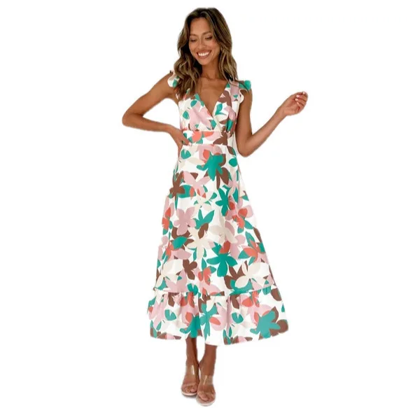 2025 Nuevo vestido sin espalda con estampado floral de verano con cintura elástica 22091