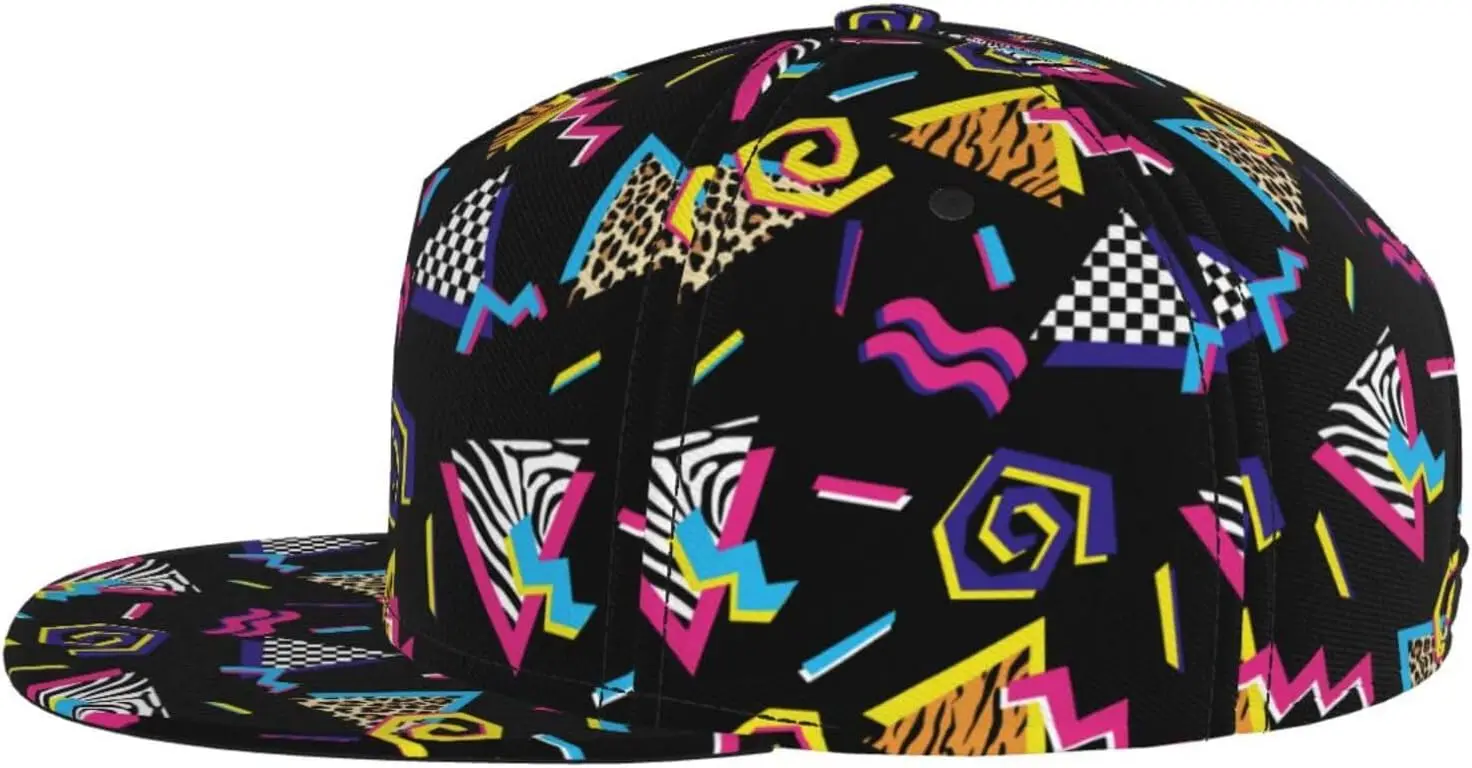 Retro 80s Neon Geometric-Pattern Snapback Cap Adjustable Breathable Fashion Snapback Flat Bill Hat Casual Hip Hop Hats