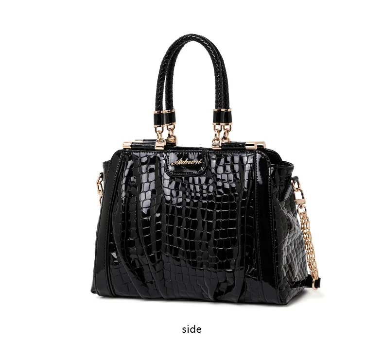 Aidrani Neue Glänzende Kroko-Muster Lackleder Handtasche für Damen mit Geflochtenem Griff und Metallkette, Crossbody Alltagstasche – Detail 9