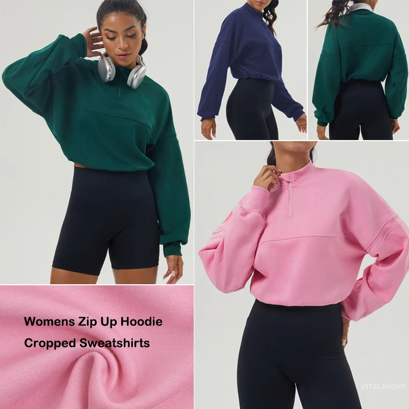 VITALINOVO High Neck Hoodies for Women Oversized Quarter Zip Drawstring Y2K Pullover Sweater Long Sleeve Cropped Jacket Tops