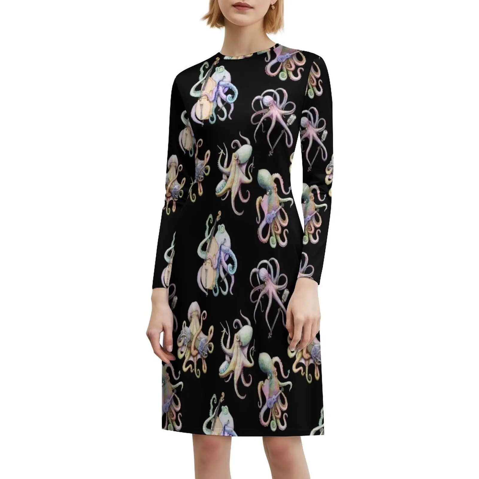 فستان كاجوال على الطراز الكوري باللون الأسود من The Sea Bed Band للنساء فساتين بسيطة يومية للمكتب للسيدات الأخطبوط الأخطبوط القيثارة Concertina