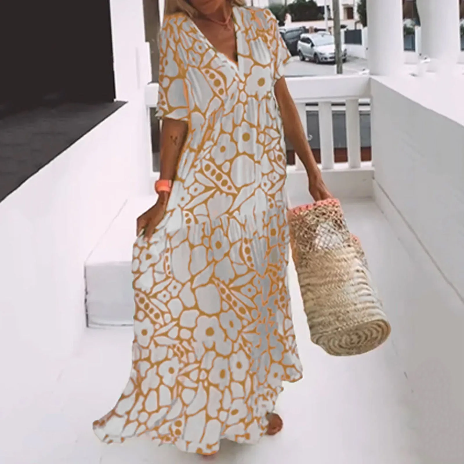 

2024 Summer Bohemian Pattern Print Maxi Dress Women Casual Loose V-neck Short Sleeve Holiday Beach Dresses Long Dress Vestidos