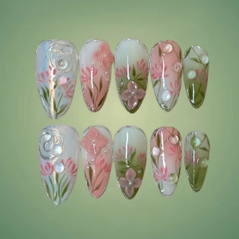 

24Pcs Flower Gradient Press on Fake Nails Silver Line Pearl Design False Nails Mid-length Almond Wearable Full Cover Nails Tips