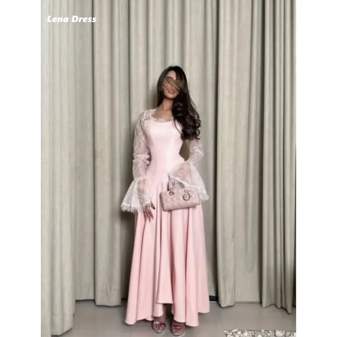 

Lena Customized Luxurious Women's Evening Dresses Woman Elegant Party Dresses for Wedding Woman Pink Round Neck Long Sleeves