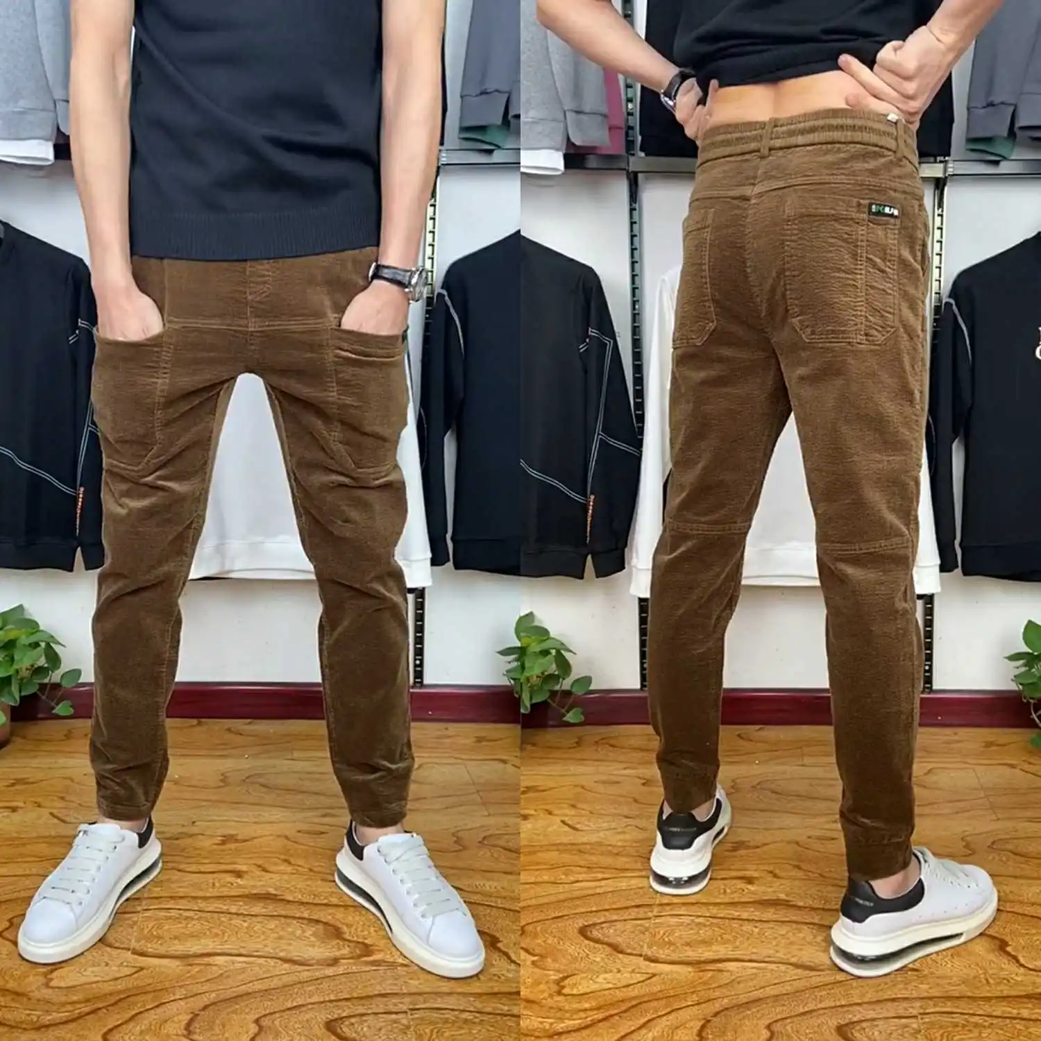 

Men's Early Spring Corduroy Slim Fit Casual Pants Multiple Pockets Fashionable Urban Style Long Trousers Antibacterial
