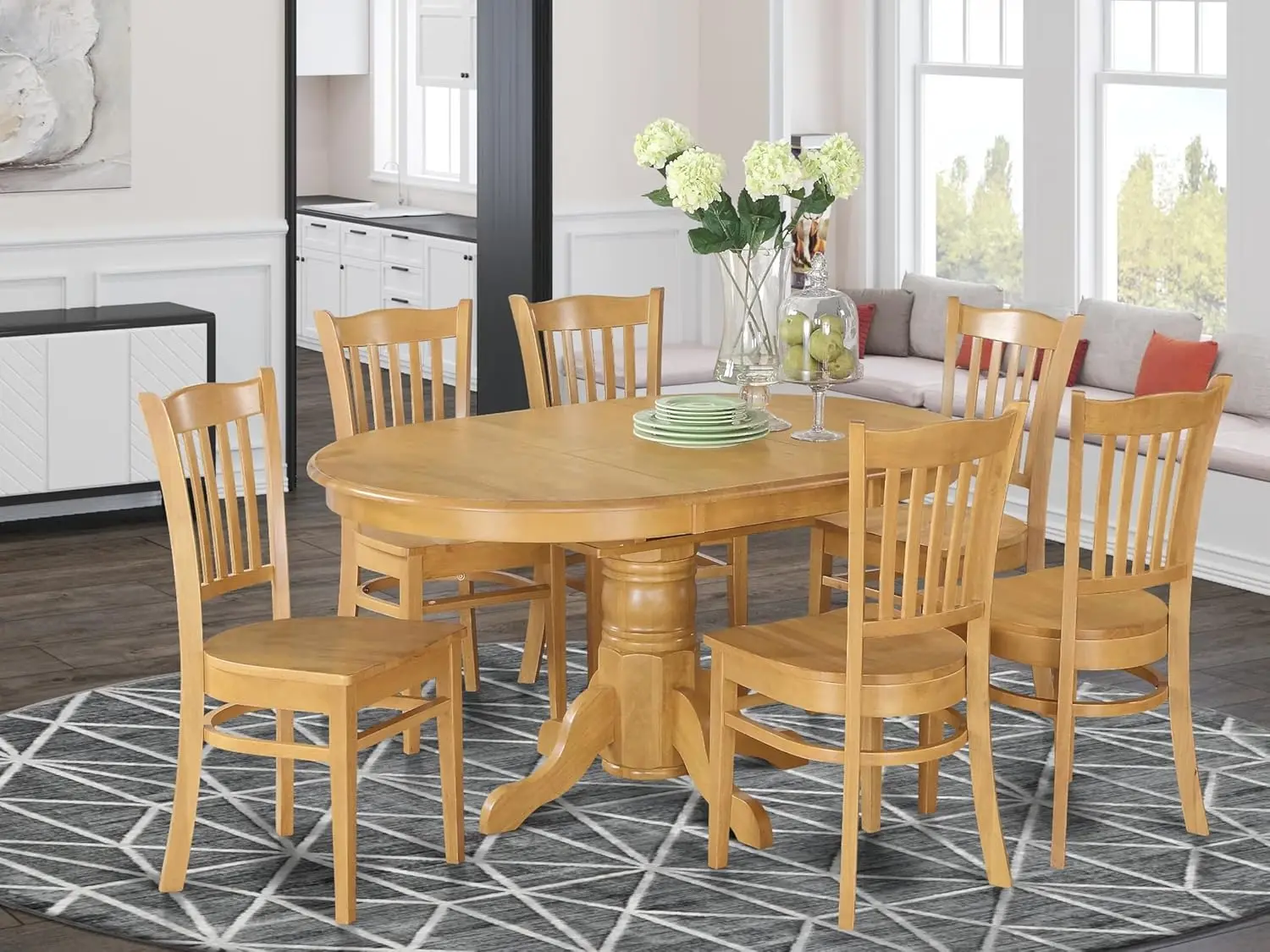 7 Piece Set Consist of an Oval Dining Room Table with Butterfly Leaf and 6 Wood Seat Chairs, 42x60 Inch