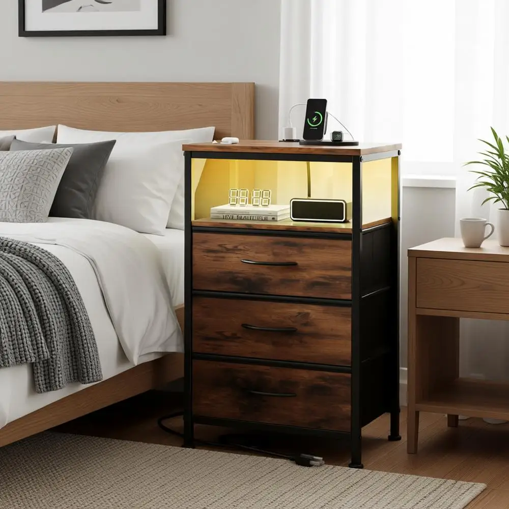 

Nightstand with Charging Station, Bed End Table with 3 Drawers & USB/Type-C Ports, Adjustable Feet and Variable Light Strip, Rus