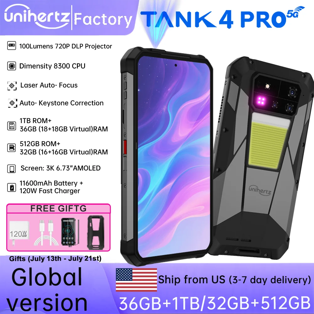【Ship from US EU】Unihertz 8849 Tank 4 Pro Smartphone Android 14 with 720P Projector 36GB+1TB Dimensity 8300 5G 11600mAh AMOLED