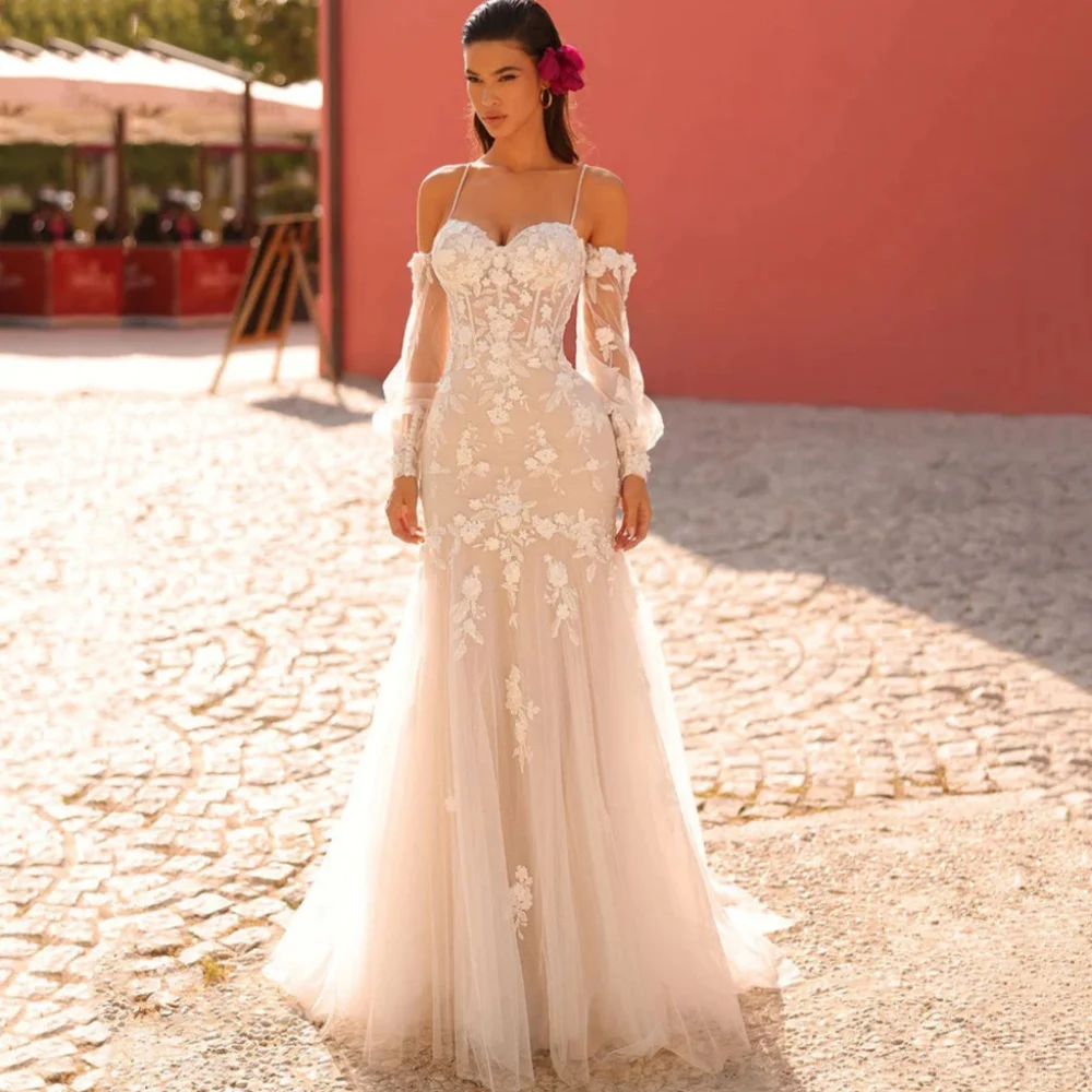 

Mermaid Sweetheart Wedding Dresses Tulle Boho Appliques Bridal Gowns Spaghetti Straps Luxury Bride Robes Robe De Mariée