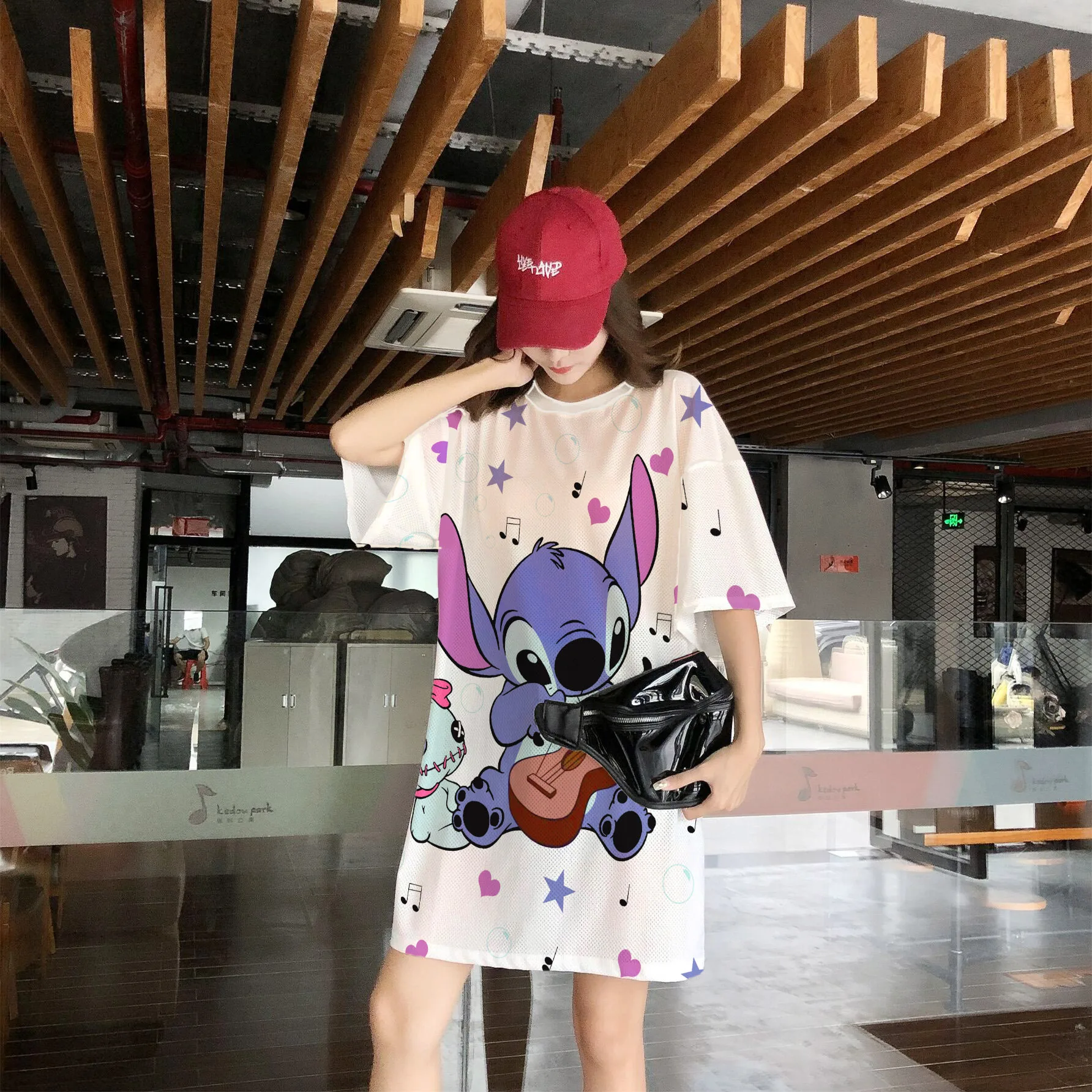 Stitch Nightdress Loose Casual Home Wear Pajamas Mid-length Skirt Women's Short-sleeved Skirt Mesh Quick-drying Pajamas