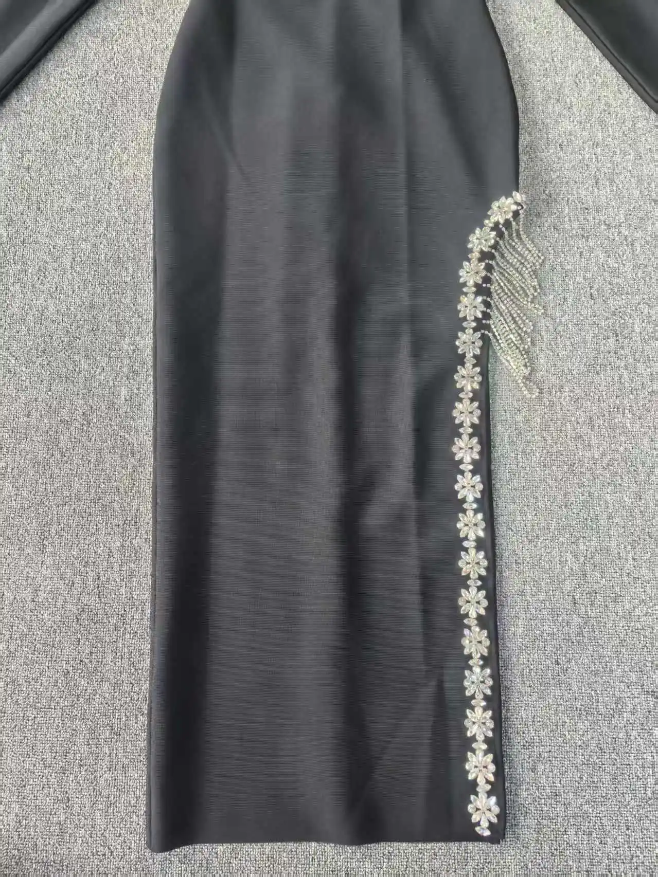 Dames bandage kristallen bloem avondjurk lange mouw strass franje bodycon maxi-jurk met split voor gala prom party