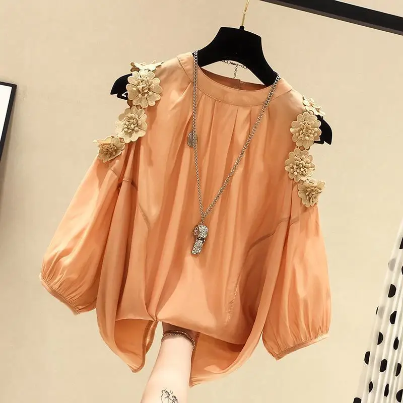 Flower Off Shoulder Chiffon Women Short Sleeved 2024 Summer New Round Neck Korean Loose Solid Color Large Size All-match Tops